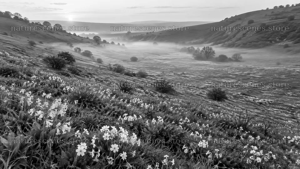 Wildflower Meadow in Morning Mist, Monochrome – nature scenes 10324x5812