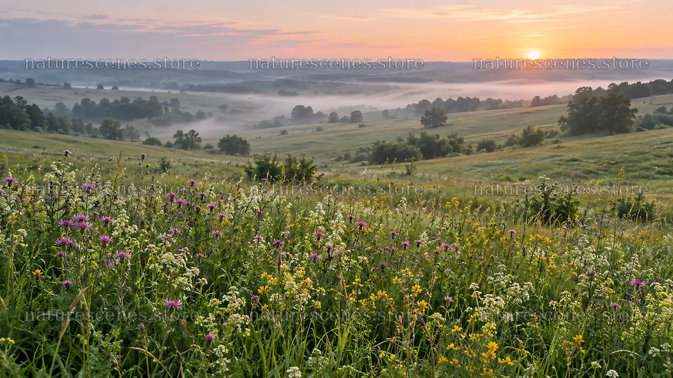 Wildflower meadow and misty hills at sunrise – nature scenes 10324x5812
