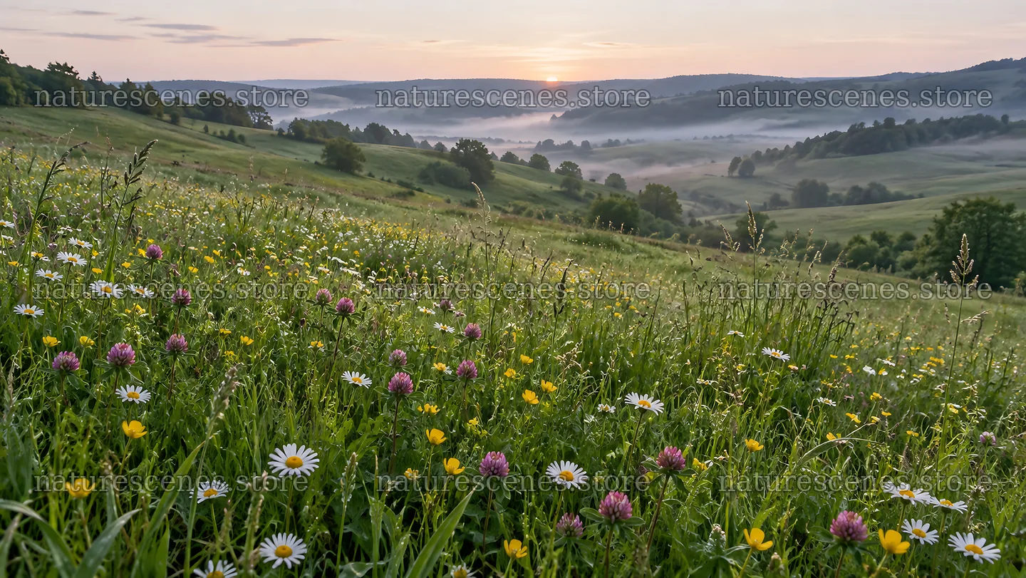 Wildflower Meadow Above a Misty Valley at Sunrise – nature scenes 10324x5812