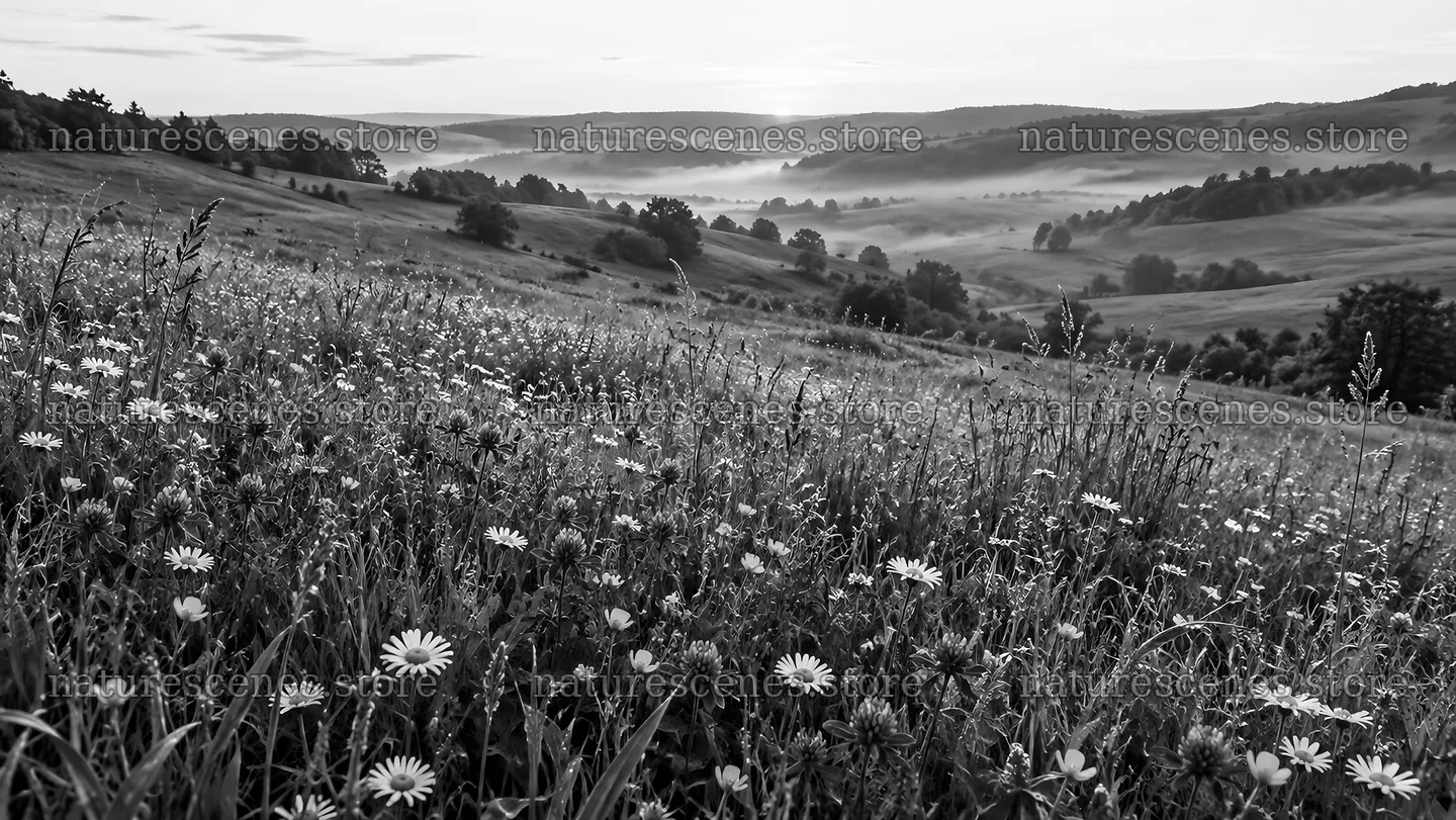 Black and White Meadow Above a Misty Valley – nature scenes 10324x5812